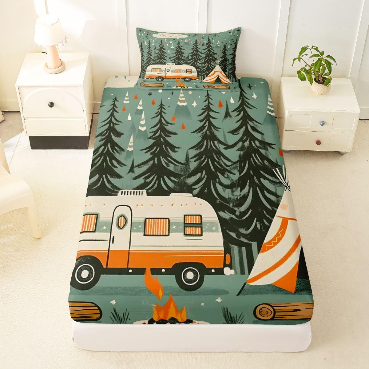 Erosebridal Kids Camper Fitted Sheet Twin Happy Camping Bed Sheets for Kids Boys Girls Green Pine Tree Bedding Set Retro Wood Camp Camper Sheets