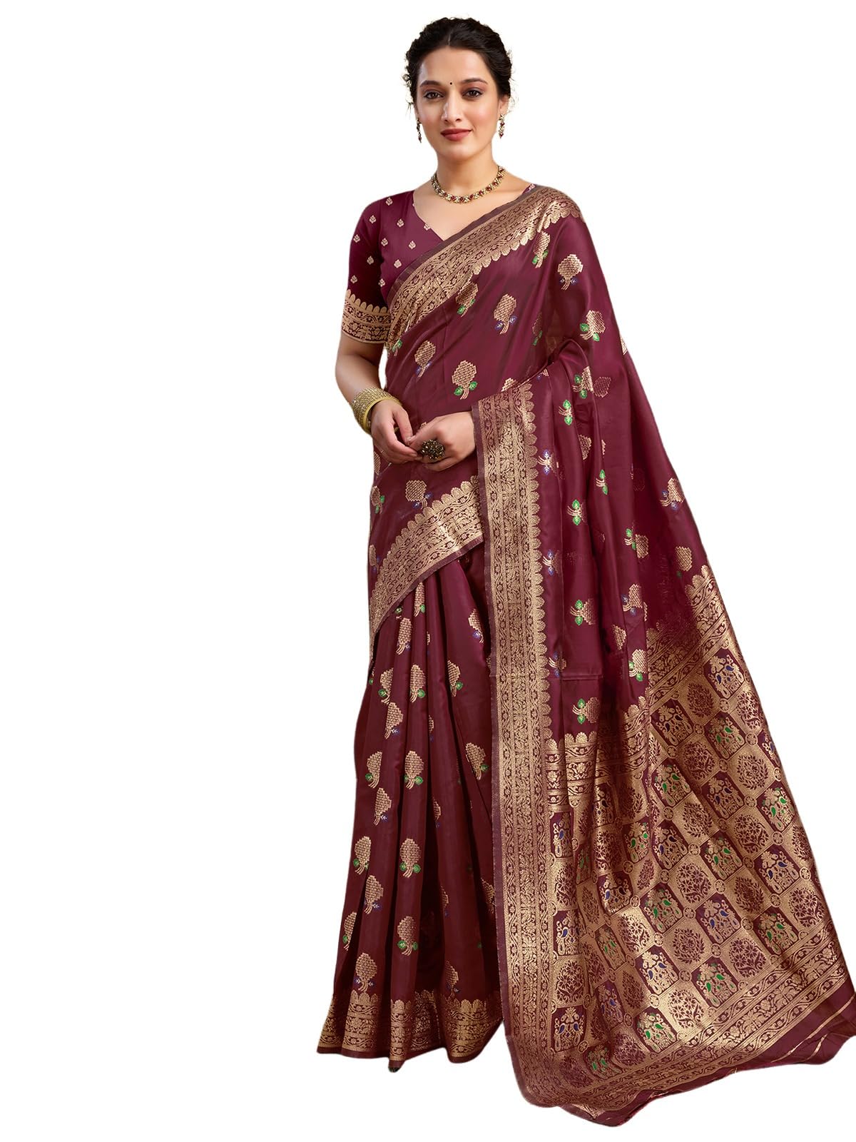 Satrani Women's Banarasi Silk Weaving Saree With Unstitched Blouse Piece (4208S858N_Maroon)