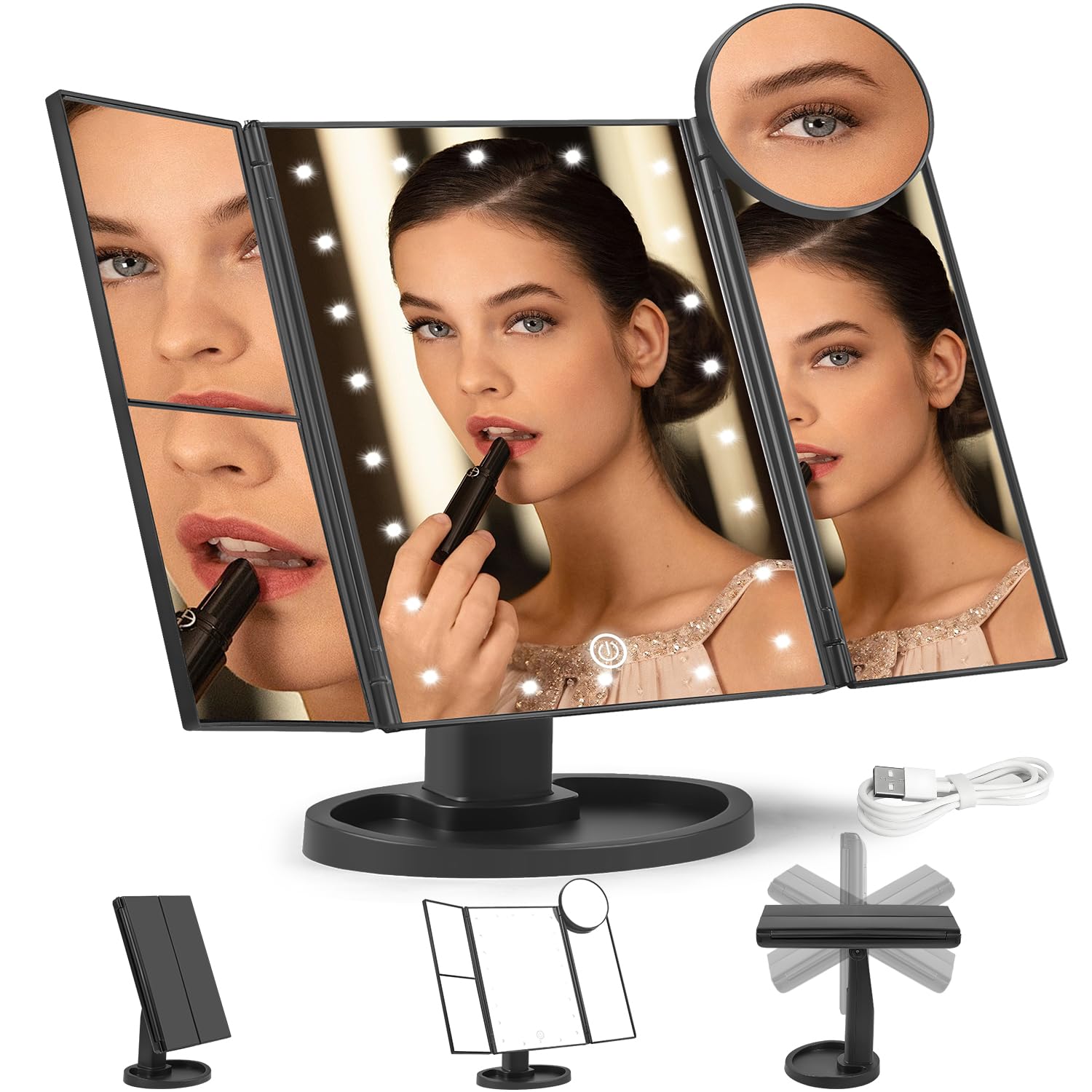 Espelho De Maquiagem Com Luzes LED, Espelho De Mesa Com Led, 2 X 3 X 10X Espelho De
