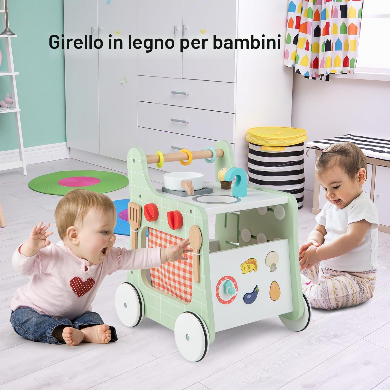 LIFEZEAL Carrello Primi Passi per Bambini 1+ Anni, Cucina Giocattolo, Carrellino da Spinta in Legno, Ruote Silenziose, Multiattività, Educativo, Vano Portaoggetti, Imparare a Camminare, Regalo, Verde
