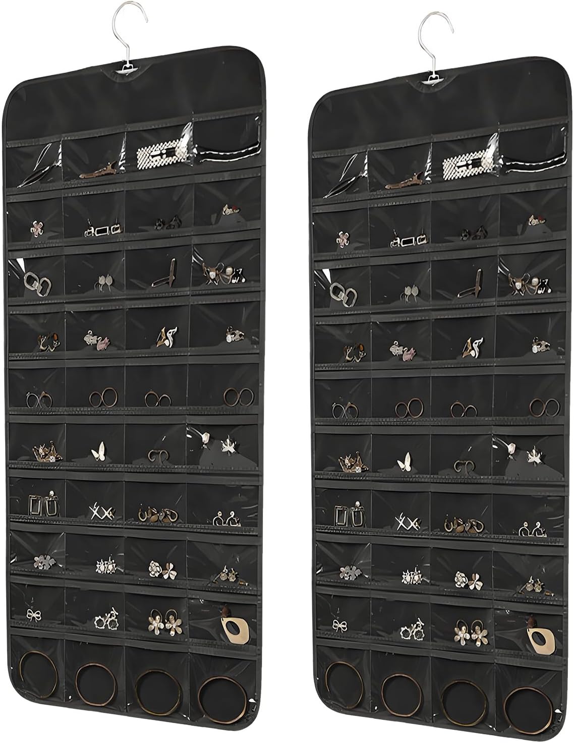 48 Pockets Hanging Jewelry Organizer with Necklace Straps, Double-Sided Black Closet Jewelry Holder for Space-Saving Storage of Earrings, Bracelets & Necklaces