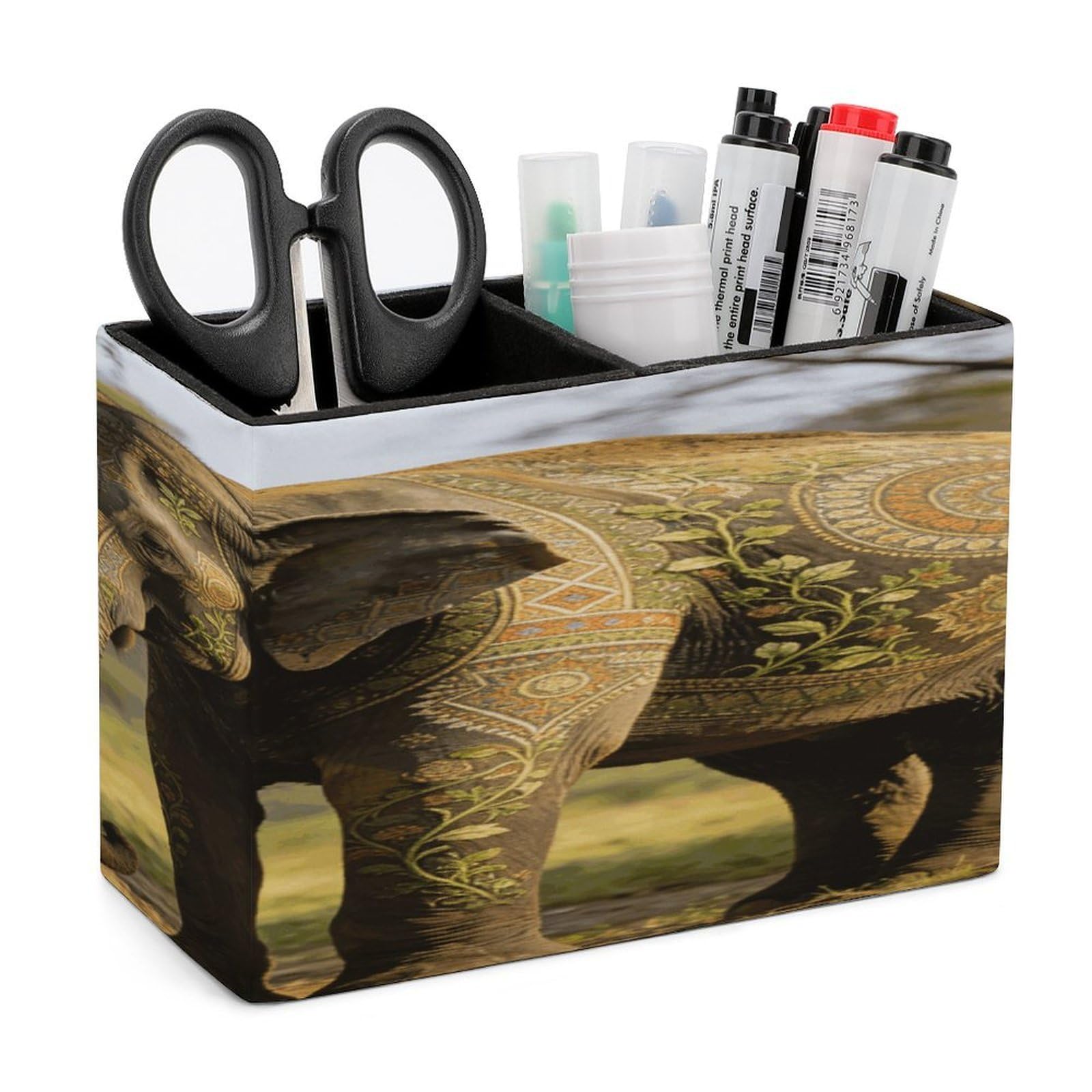 LZQPOEAS Decorative Patterned Elephant Pen Holder Double Compartments Pen Cup Makeup Brush Holders Leather Pencil Holder Locker Organizer for Work Locker Accessories Modern Pencil Cup for Desk