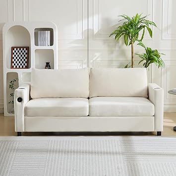 PUREMIND Full Size Pull Out Sofa Bed, 2-in-1 Velvet Sleeper Sofa with USB & Cup Holders, 67 Folding Mattress Loveseat Couch for Small Spaces - Beige