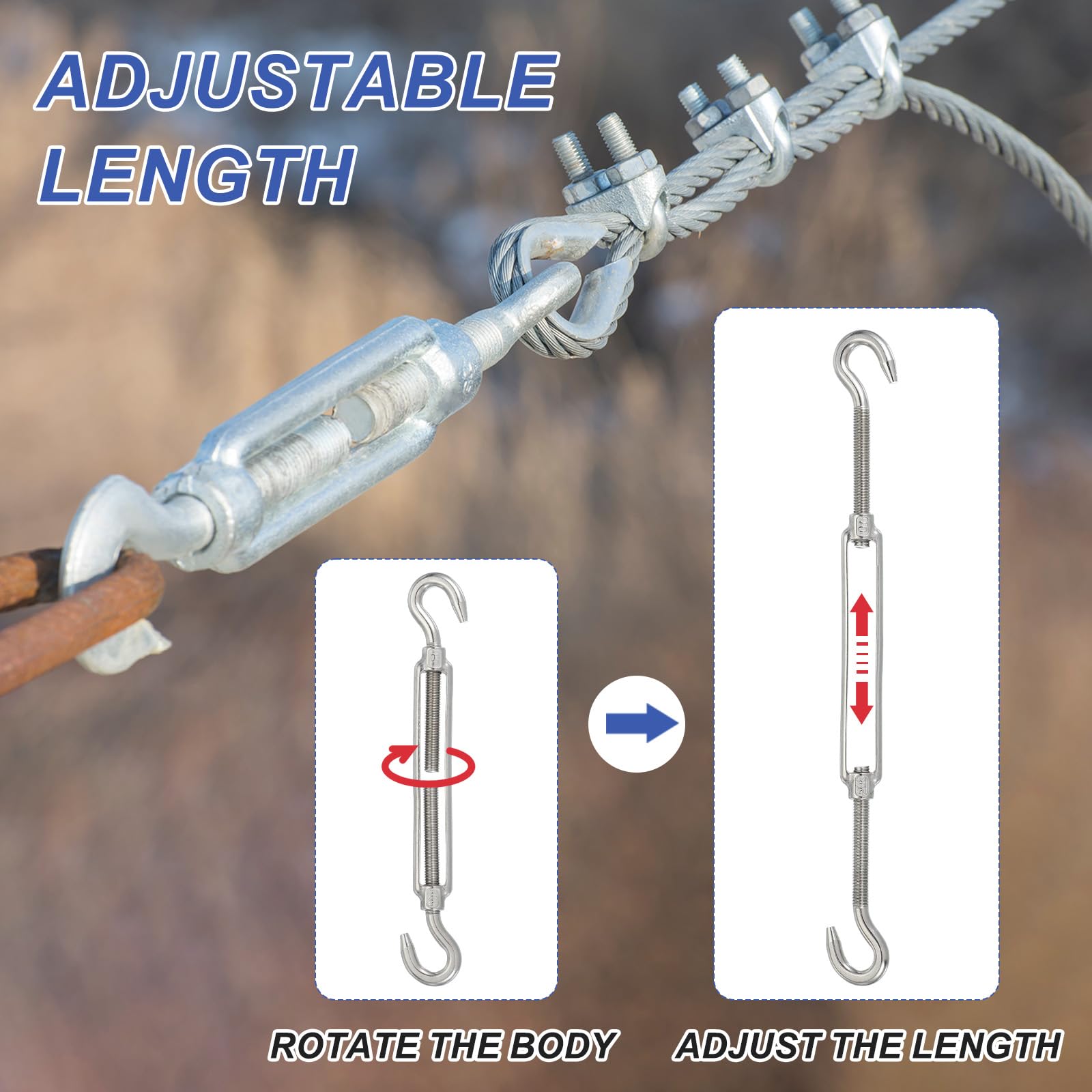 PATIKIL Tenditore M10 con gancio e gancio, 3 pezzi, in acciaio inossidabile 304, regolabile, tendicavo per ringhiere per cavi metallici, kit hardware