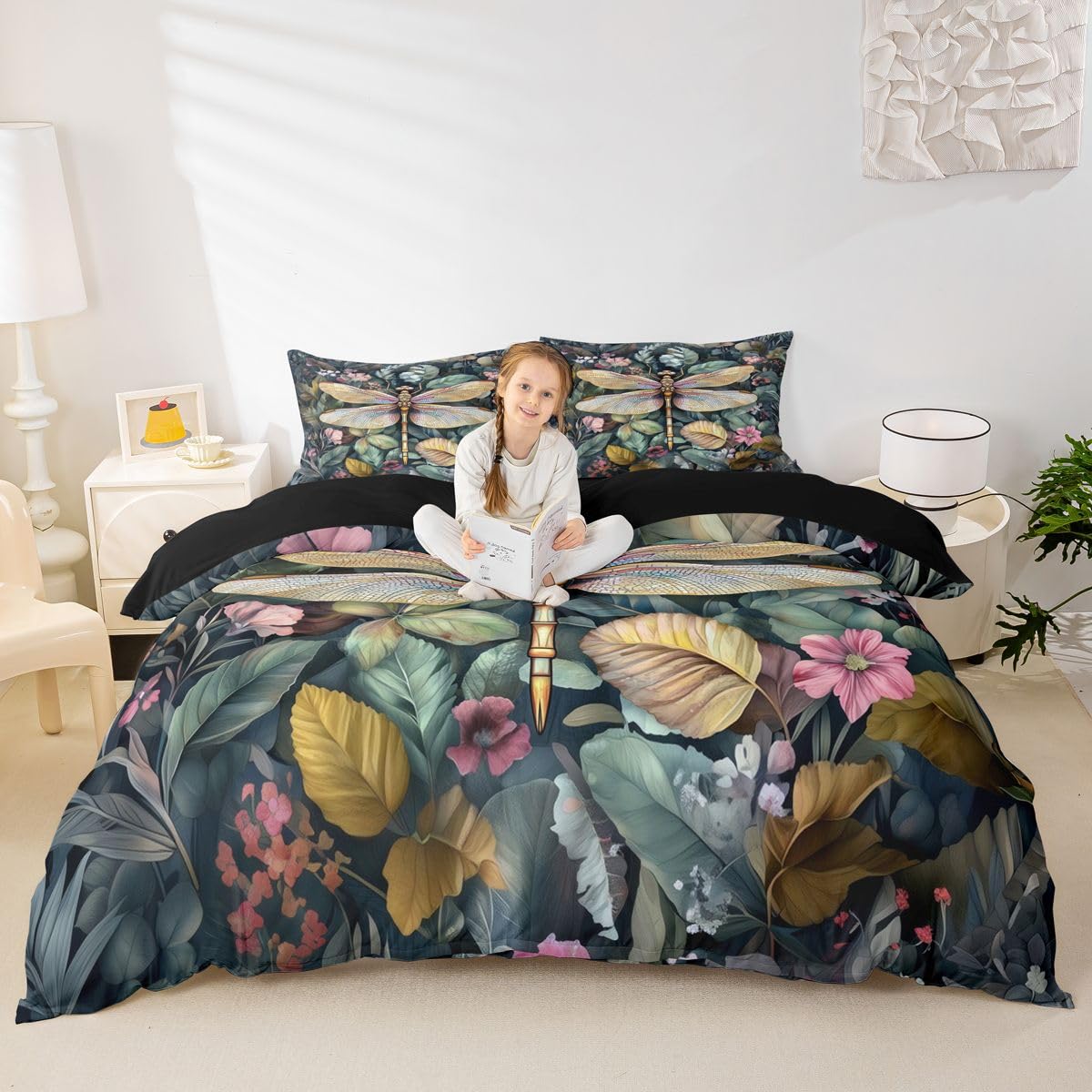 Housse de couette libellule vintage et parure de lit botanique aux plantes sauvages