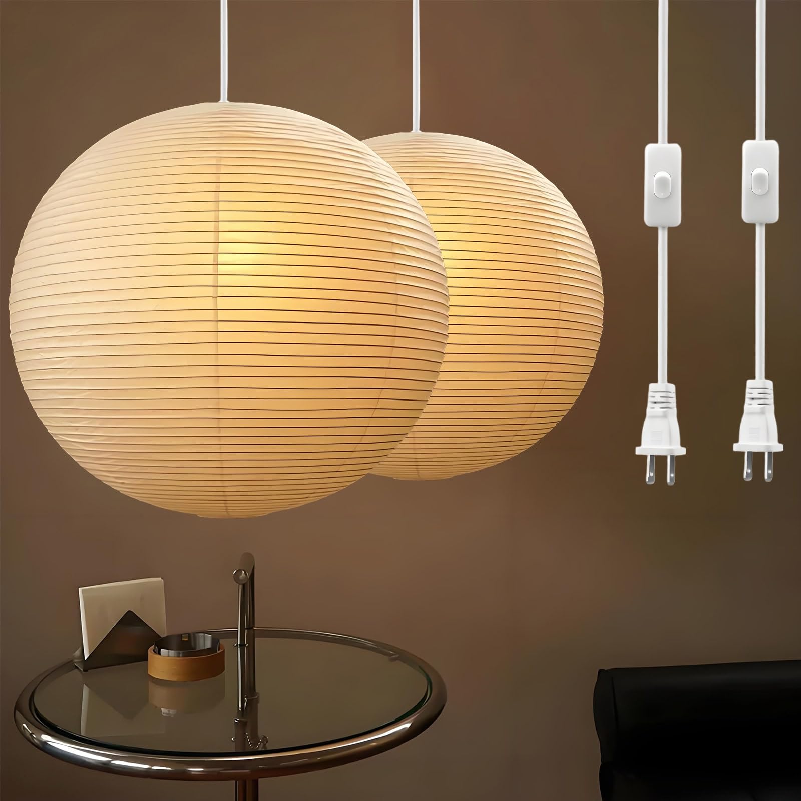 Photo 1 of FEHEED 2 Pack Plug in Pendant Light,15 Ft Hanging Paper Lantern 12" White Paper Lamp Hanging Pendant Light with On/Off Switch for Birthday Wedding Living Room and Home Decor