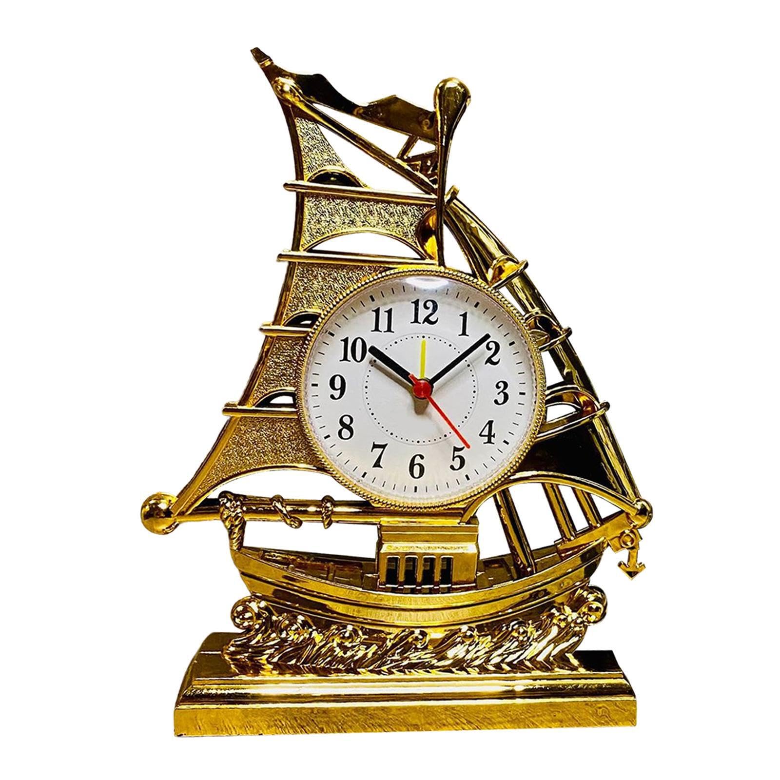 Zambuph Golden Sailboat Alarm Clock Exquisite Classic Timekeeper Suitable For Living Room Bedroom Kitchen Setting Exquisite Clock Face Desk Clocks Analog For, 17.5X5.5x21.5cm