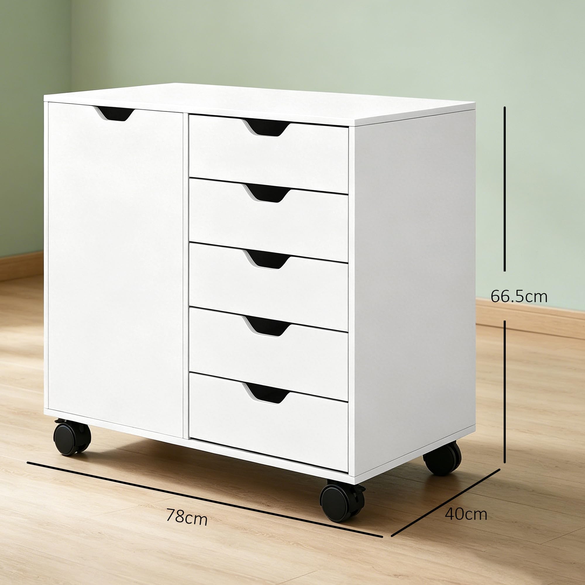 HOMCOM Armadietto per Documenti con 5 Cassetti, Armadio da Ufficio con Ripiano Regolabile, Mobiletto Multiuso Portaoggetti con Ruote, per Casa Ufficio, 78x40x66.5 cm, Bianco
