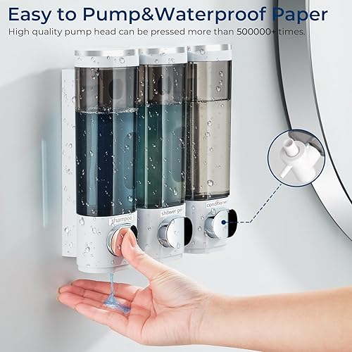 Miniatura 3 de Dispensador de champú y acondicionador, dispensador de jabón de ducha, 3 cámaras, sin taladro, dispensador de champú para ducha, champú montado en