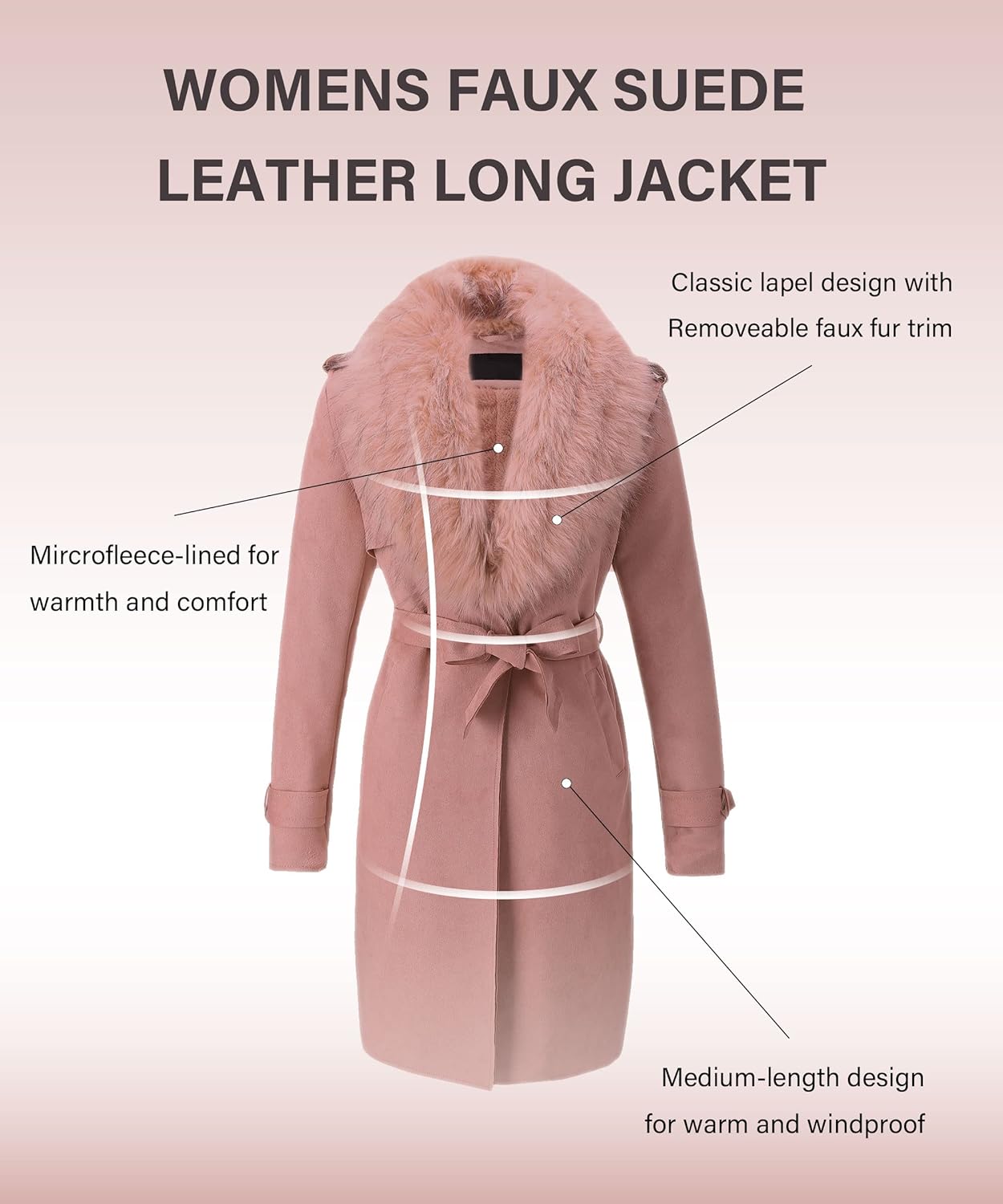 Bellivera Women Faux Leather Trench Coat Fleece-Lined Mid-length Jacket with Detachable Fur Collar