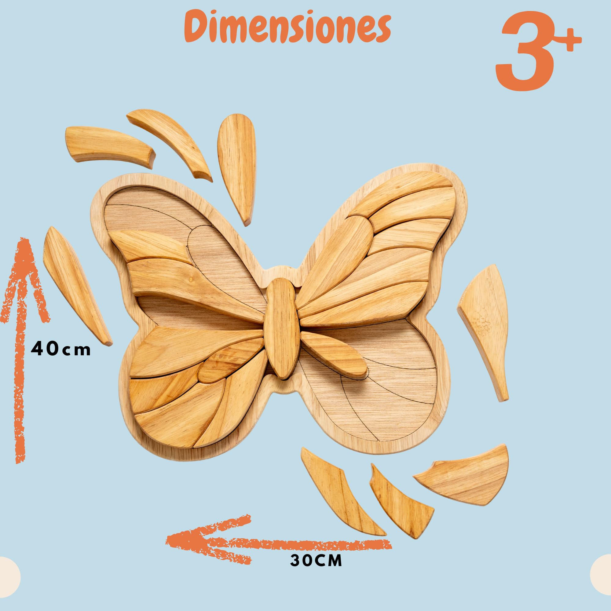 Drewniane puzzle Montessori Motyl 23 sztuki + taca - Puzzle dla dzieci 2+ lata | Zabawka edukacyjna w kształcie motyla | Dobra motoryka i koncentracja | Naturalne drewno kauczukowe