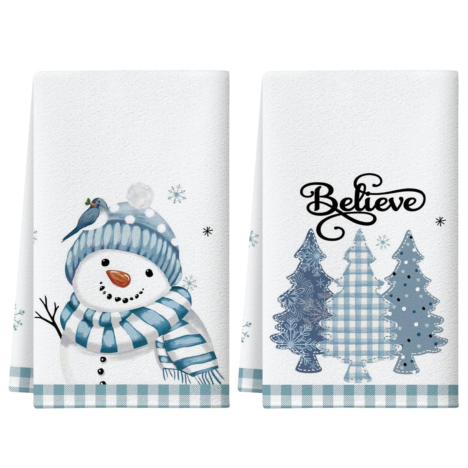 Artscope Christmas Blue White Buffalo Plaid Kitchen Towels Dish Towels 45x66 cm, Set of 2 Christmas Trees and Snowman Believe Daily Winter Hand Towels for Cleaning Cute Design Home Decor