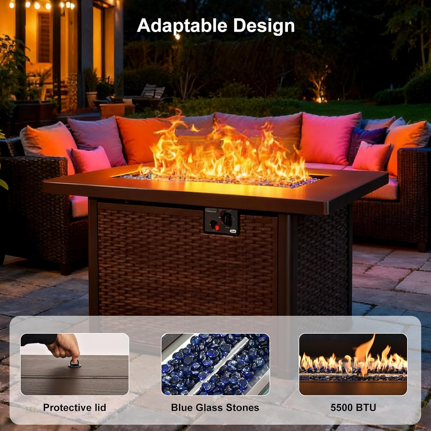 42" Propane Fire Pit, Outdoor Wicker Fire Pit Tables Rectangular Tabletop with Lid and Blue Glass Stones, 50000 BTU w/CSA-Certified and Tables for Outside Patio, Backard (Brown)