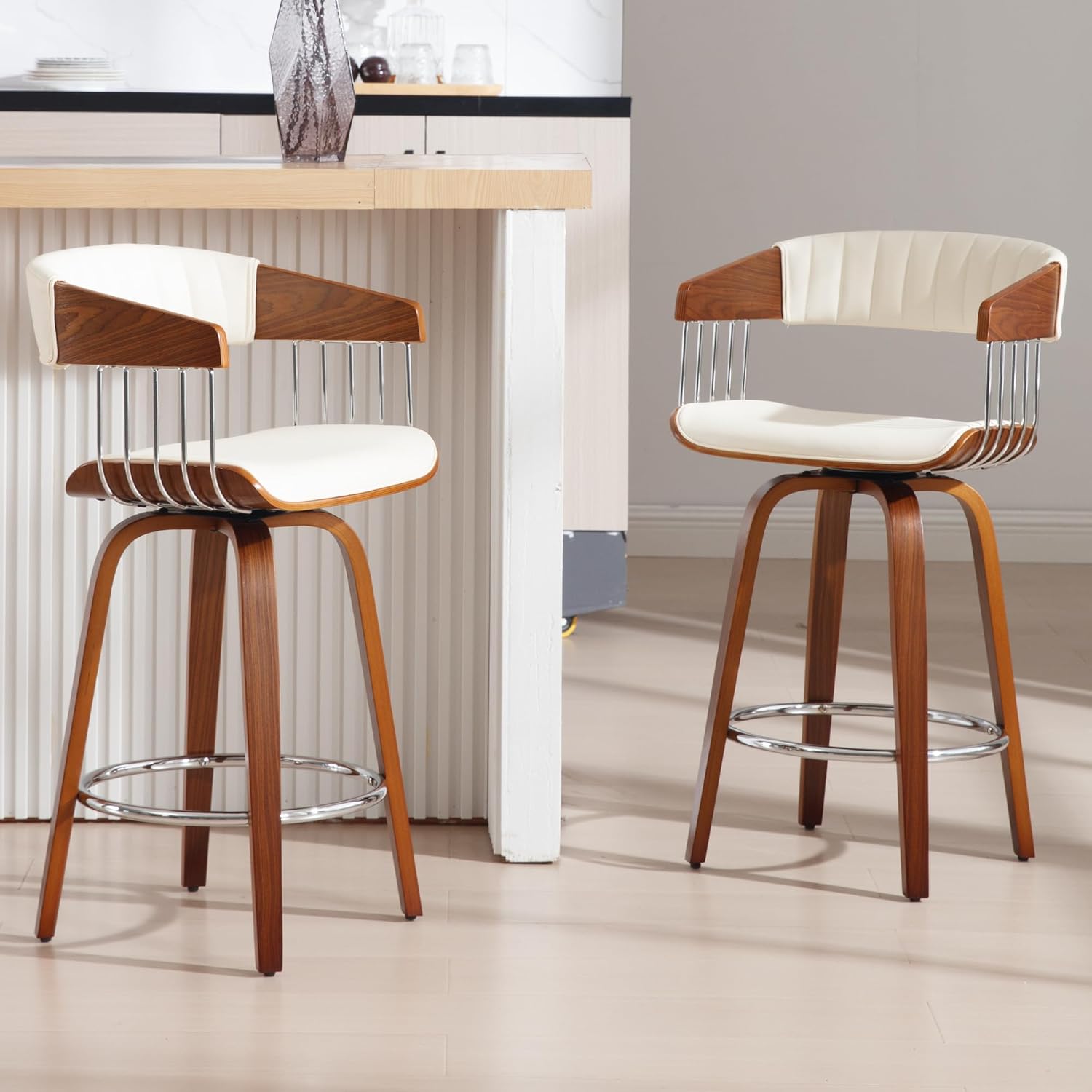 26" Counter Height Stools Set of 2, Modern Swivel Bar Stools with Back & Wood Legs, Comfy Upholstered Counter Chair for Home Bar/Kitchen Island/Restaurant, Faux Leather, White