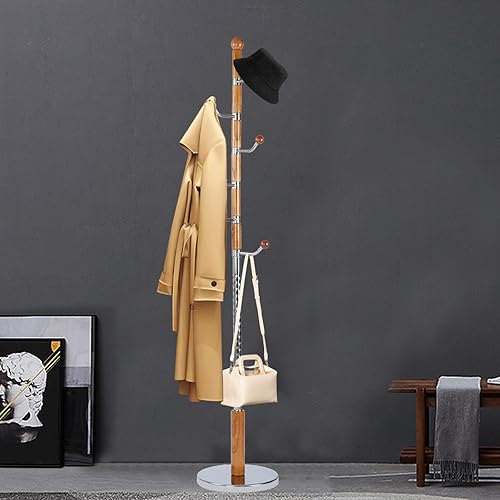 Miniatura 15 de Percheros de pie con 14 ganchos, perchero de madera natural con base redonda sólida, percheros de altura ajustable, fácil montaje para pasillo,