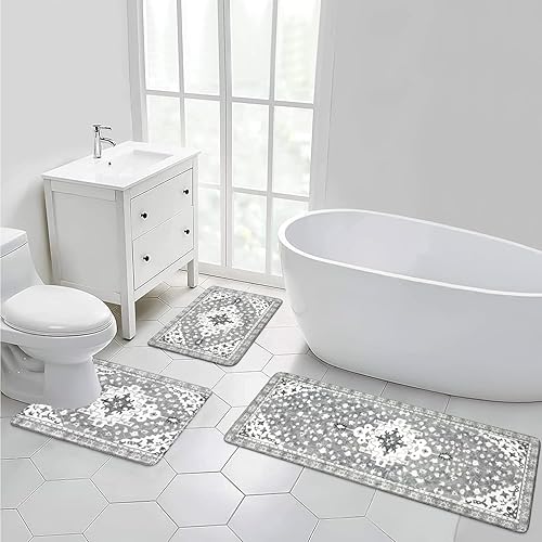 Miniatura 10 de Uphome Juego de 3 alfombras de baño bohemias vintage, antideslizantes, suaves, con contorno en forma de U, lavables a máquina, alfombras de baño