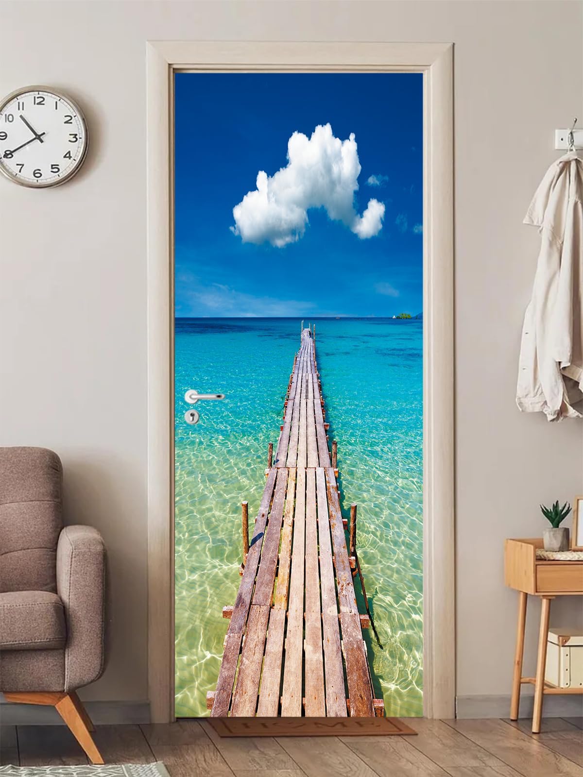FLFK 3D Seaside Wood Pier Door Stickers Peel and Stick 85x215cm,Self-Adhesive Door Wallpaper Wall Murals Poster Decals for Home Decor(2Pcs/Set)