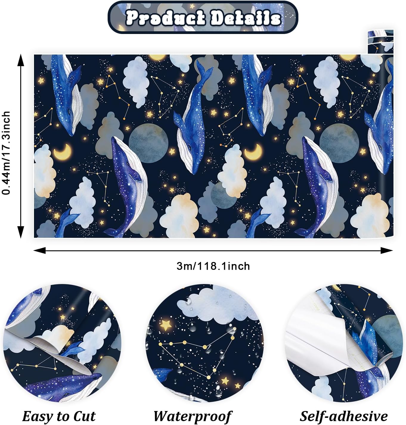 IARTTOP Whales Constellation Wallpaper Blue Whale Wall Decal with Cloud Starry Night Star Constellations Wallpaper Retro Star with Whale Wallpapers for Kids Bedroom Living Room Decor (118 x17.3inch)
