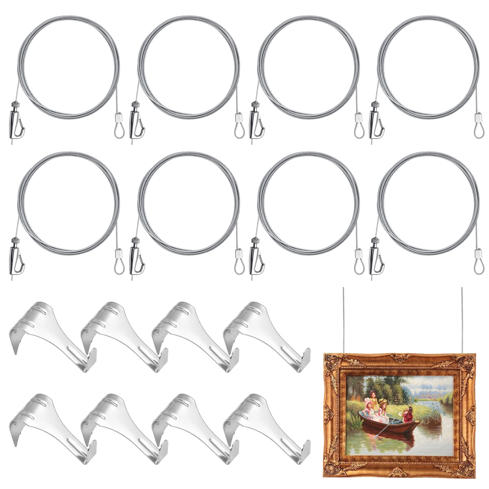 Aemygo16 Packs Picture Rail Hanging System, 78.7Inch Picture Hanging Wire with Rail Hooks Loop and Hook Stainless Steel Wire Cable Adjustable Photo Hooks Picture Hanging Hardware Kit for Art Gallery