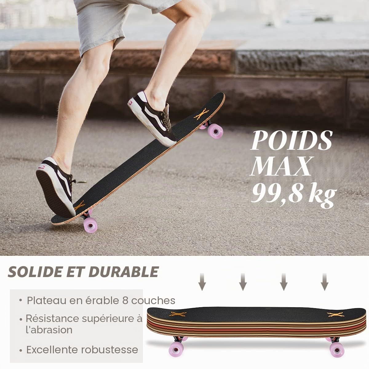 Longboard Adulte Skateboard Complètes,117x23 cm,Planche de Skate avec Roues LED Clignotantes,8 Couches de Bois D'érable Pont,Longboard Dancing Cruiser pour Débutants