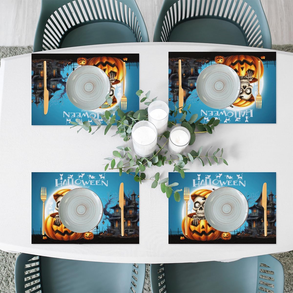 Halloween Pumpkin Skull Goth Placemats Set of 6 PVC Vinyl Non Slip Table Mats Heat Resistant Place Mats Washable Wipeable Dining Table Mat for Kitchen Decor Party Indoor Outdoor Decorative Gift