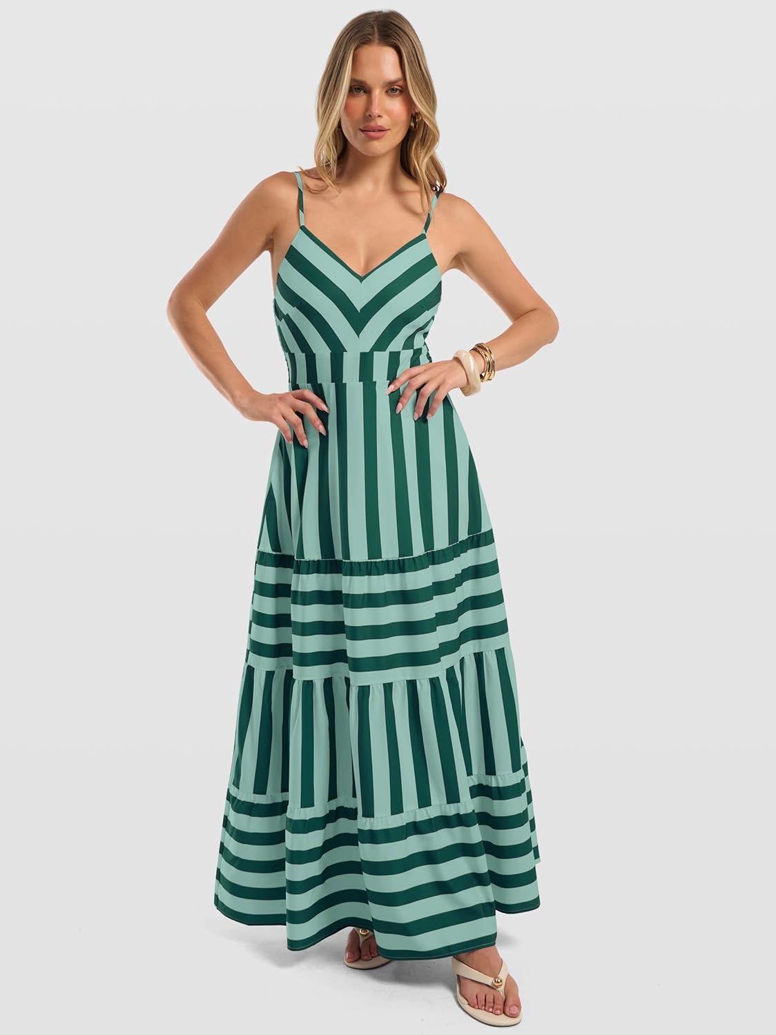 Caracilia Summer Maxi Dresses for Women Spaghetti Strap Back Smocked A Line V Neck Casual Long Dress Beach Vacation Clothes - Image 2