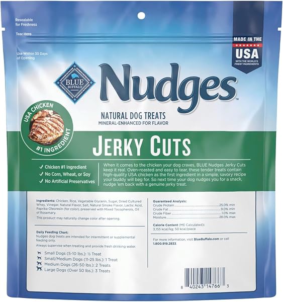 Close-up of Blue Buffalo Nudges Jerky Bites, showing their oven-dried, bite-sized texture.