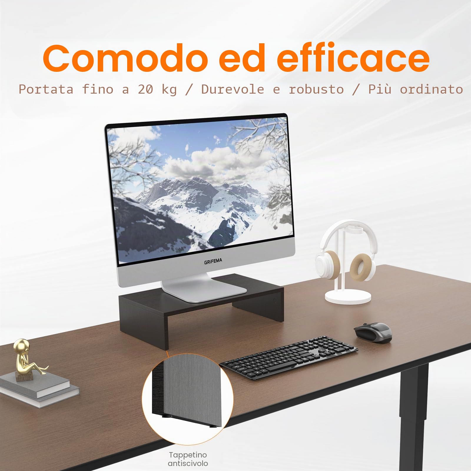 GRIFEMA GB1052-1 Rialzo per Monitor in Legno, Supporto per Monitor da Tavolo per Monitor, Laptop, Stampanti, Portata Fino a 20 kg, L420 x L233 mm x H104, Nero
