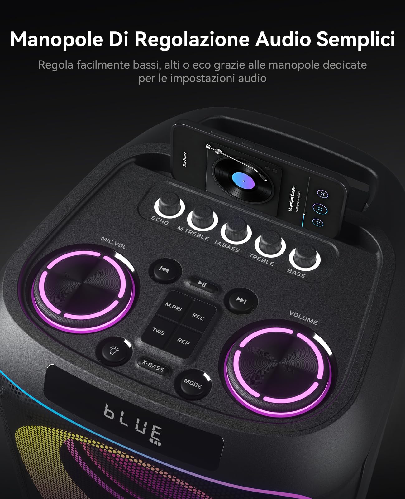 GKDT81 Cassa Karaoke Portatile – Sistema PA Da 800W Con 2 Microfoni Inclusi, Altoparlante Bluetooth Con Doppio Subwoofer Da 8" Per Bassi Potenti, Luci LED, Ruote E Maniglia Telescopica