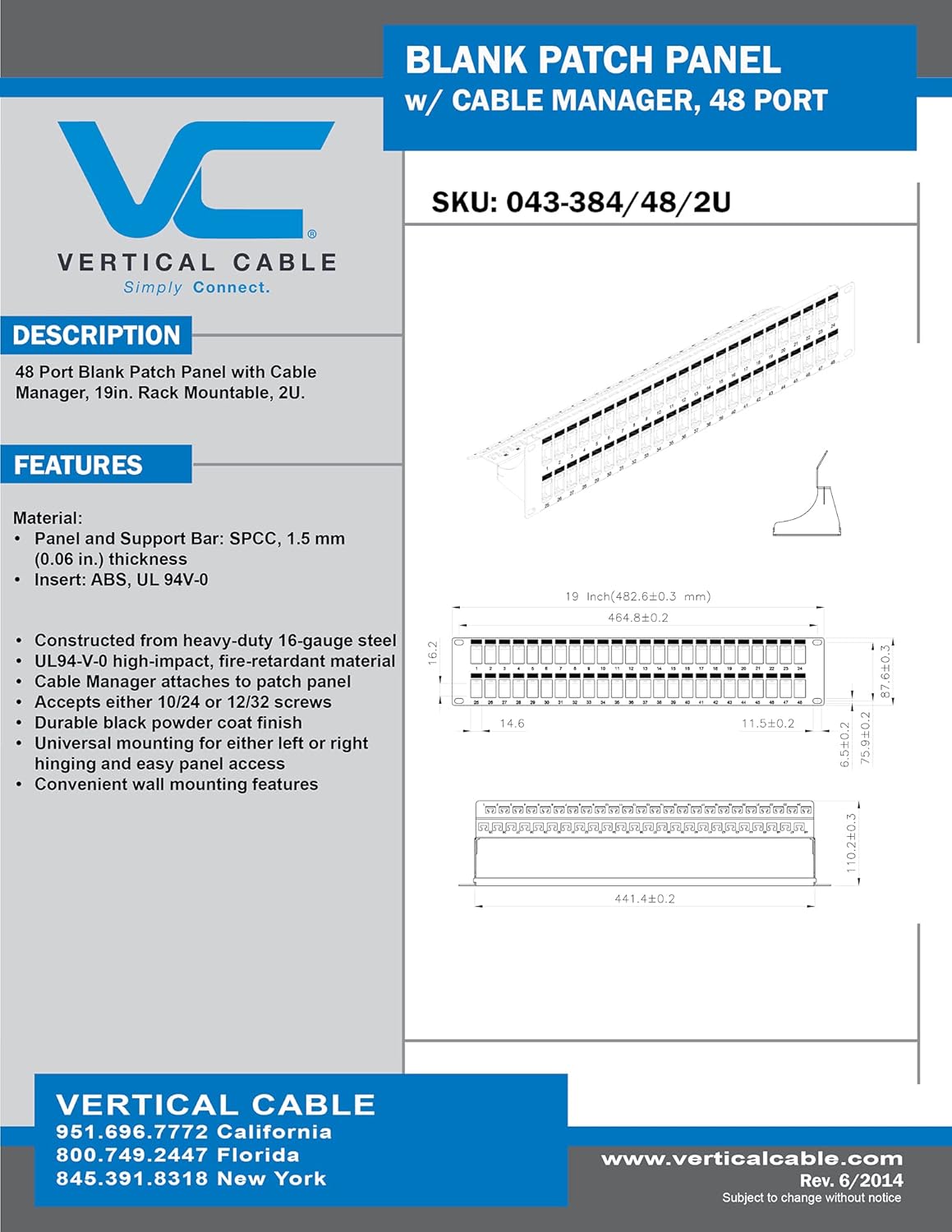 Vertical Cable 48 Port Blank Patch Panel - 2U
