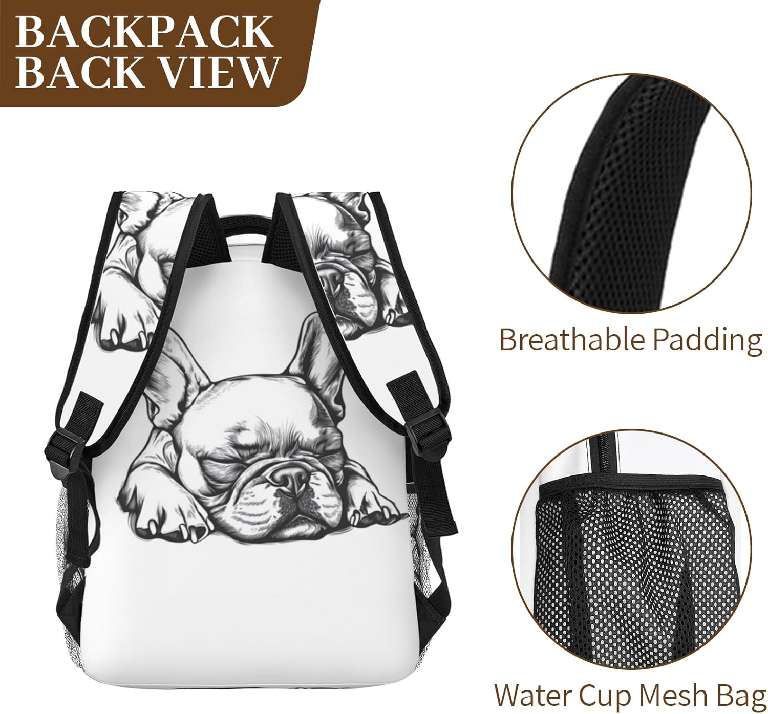 French Bulldog Backpack Gifts, Travel Backpacks Laptop Rucksack, School Bookbag for Kids Teens Girls Boys, Cute Sleeping Frenchie Dog Art Back Pack Accessories Bags for Work, Outdoor, Adventures - Image 3