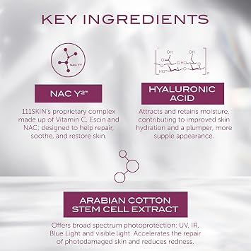 111SKIN Sunscreen SPF 50, Mineral Face and Non Greasy Sunscreen for Daily Use, Broad-Spectrum UVA/UVB and Blue Light Protection, Niacinamide and Polyglutamic Acid, 50 ml