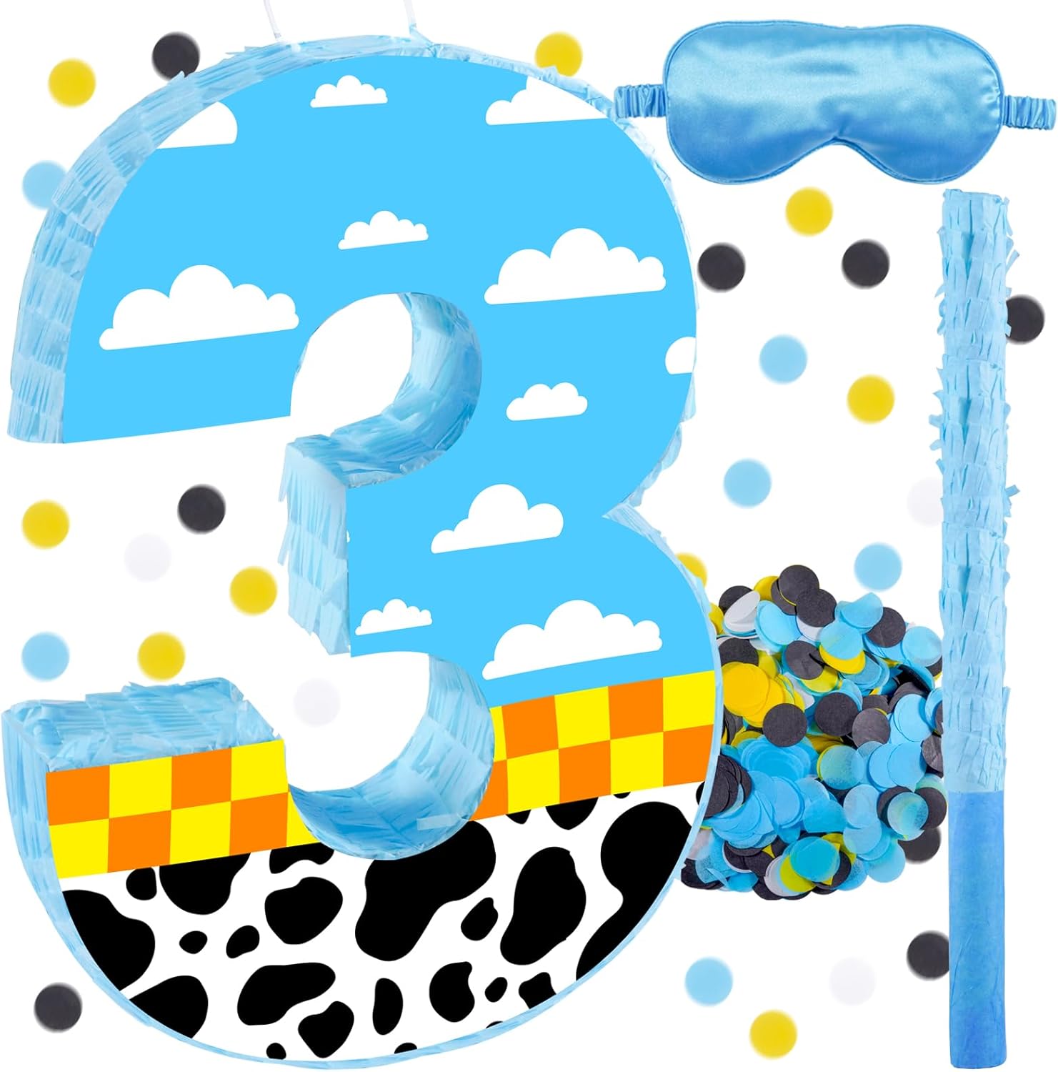 16 Inch Number 3 White Cloud Pinata with 16 Inch Piñata Stick Blindfold Confetti for Boy Girl Kids 3rd Birthday Party Decorations(3rd)