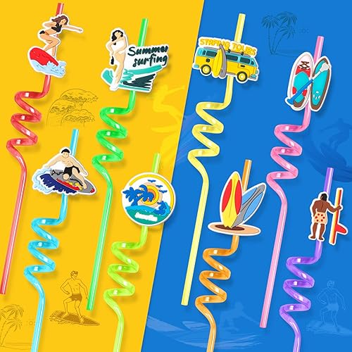 Miniatura 2 de 24 suministros para fiesta de cumpleaños en la playa, pajitas de surf con 2 popotes de limpieza para niños, piscina de verano, fiesta de cumpleaños,