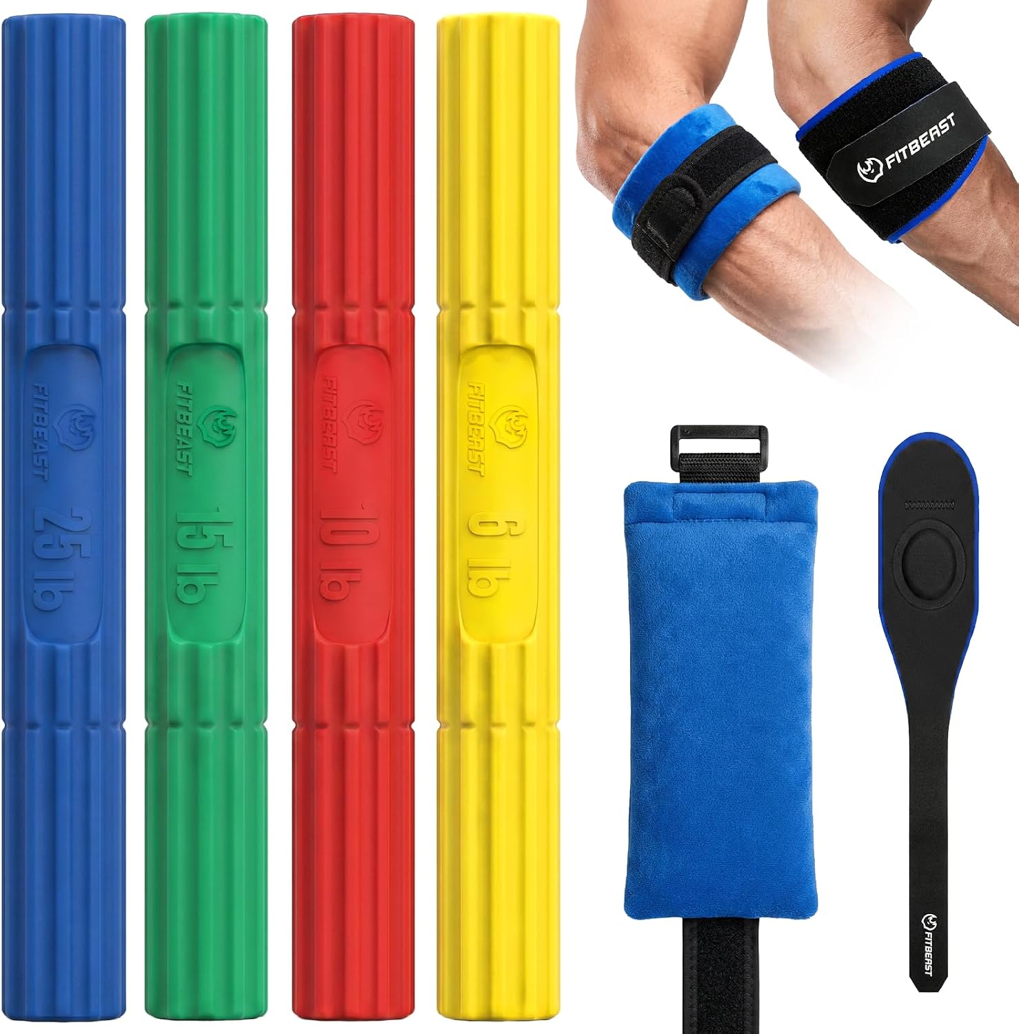 FitBeast Flex Therapy Bar Forearm Strengthener for Tennis and Golfer’s Elbow, 4 Resistance Grip Strength Trainer Set with Elbow Brace, Hot and Cold Pack, Wrist Exerciser for Home Recovery
