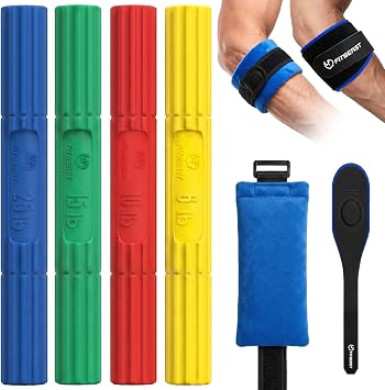FitBeast Flex Therapy Bar Forearm Strengthener for Tennis and Golfers Elbow, 4 Resistance Grip Strength Trainer Set with Elbow Brace, Hot and Cold Pack, Wrist Exerciser for Home Recovery