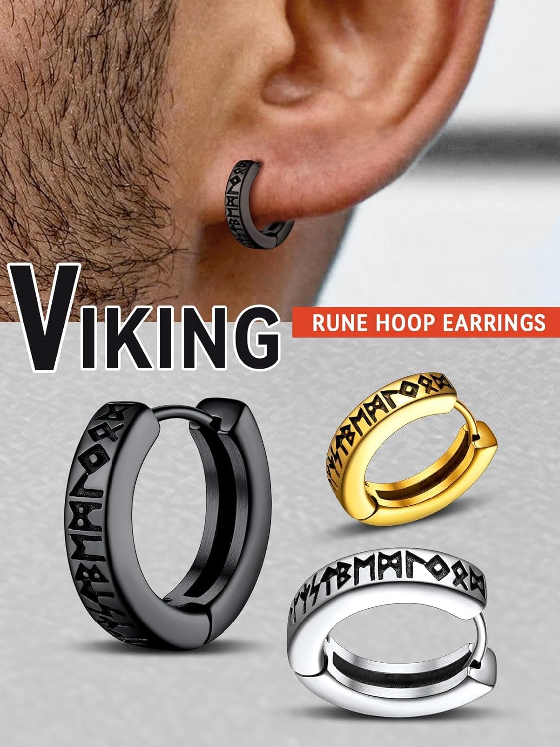 FaithHeart Norse Viking Runes Hoop Earrings for Men Hypoallergenic Stainless Steel Punk Huggie Hoop Earring Sturdy Norse Mythology Jewelry Gifts with Delicate Packaging - Image 9
