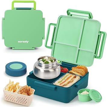 Bento Box for Kids with Thermos, [Large Capacity] Insulated Lunch Box Kids with 4 Compartment for Ages 3+, Drop-Proof & Dishwasher Safe Lunchbox Container Green