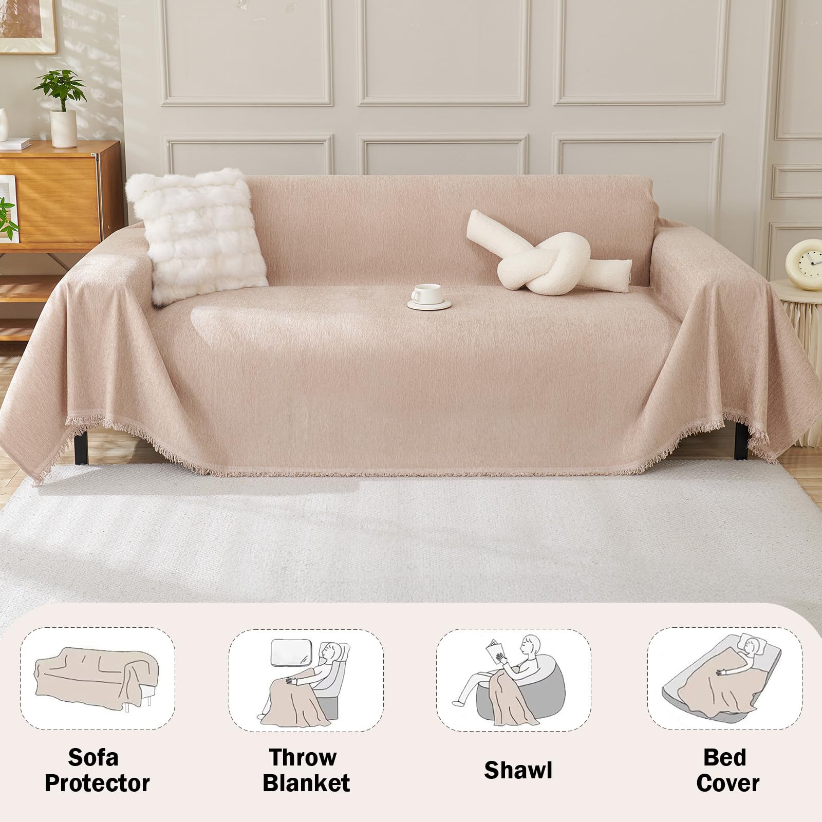 Royhom Chenille Sofa Covers 4 Seater, Corner Sofa Cover L Shape, Washable Couch Cover with Tassel - Image 2