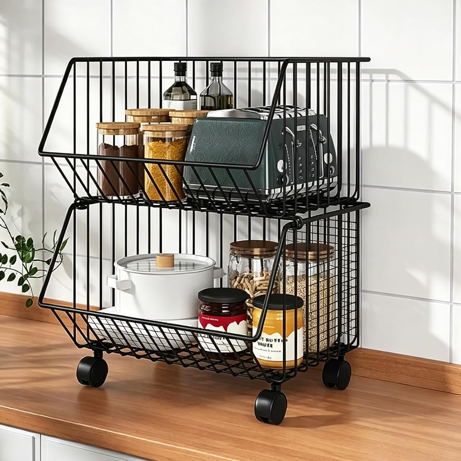 Stackable Storage Baskets, Storage Trolley with Wheels, Kitchen Shelf, Slanted Display Rack, Suitable for Dining Room, Kitchen, Bathroom, Study Black Five Layers