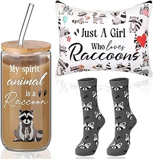 Layhit 3 Pcs Raccoon Gifts for Women Teaches Day Thank You Gift 16 oz Coffee Glass Cosmetic Makeup Bag Cute Socks for Friend Teacher Colleague Employee