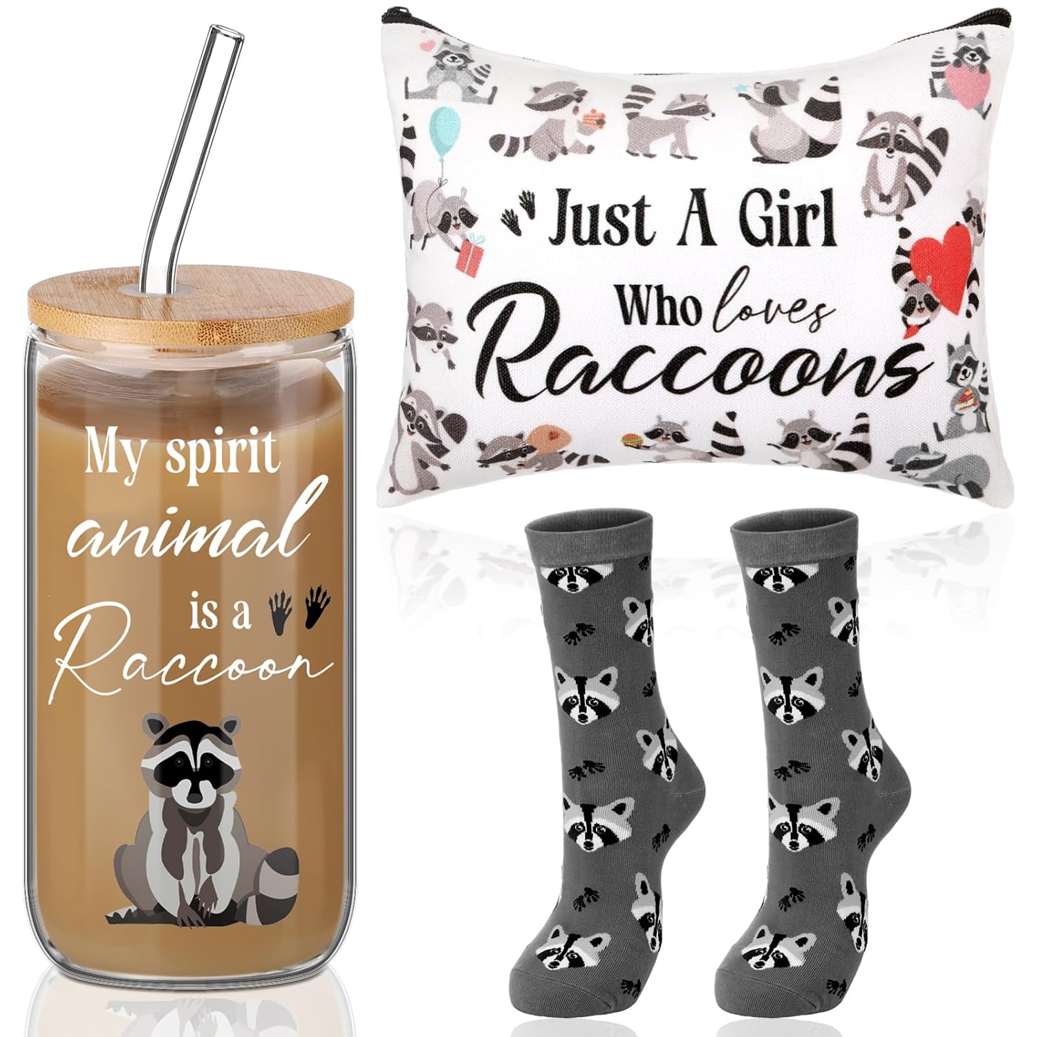 Layhit 3 Pcs Raccoon Gifts for Women Teaches Day Thank You Gift 16 oz Coffee Glass Cosmetic Makeup Bag Cute Socks Graduation Gift for Friend Teacher Colleague Employee