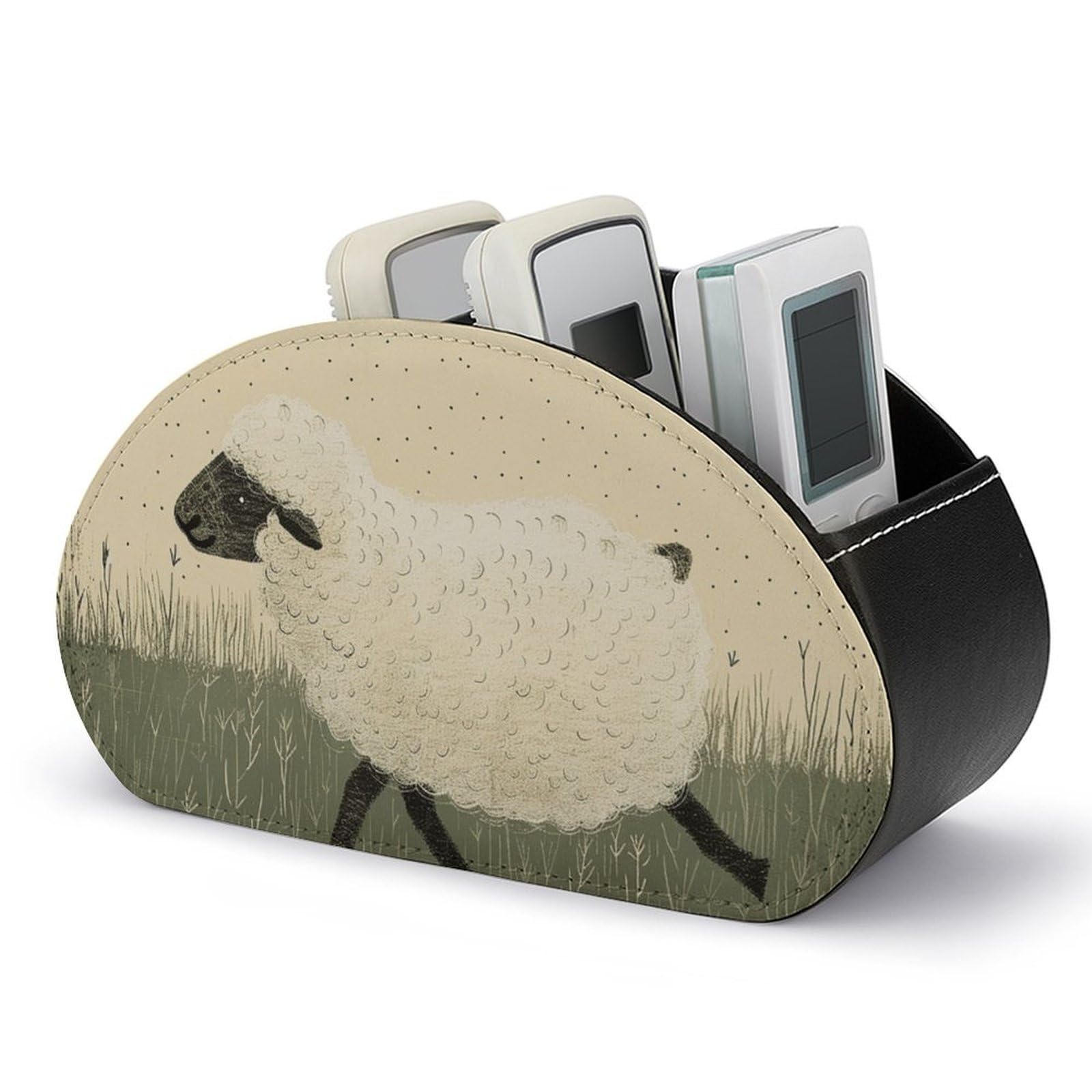 Hand Drawn Sheep Remote Control Holder with 5 Compartments Modern PU Leather Nightstand Caddy Organizer Leather Control Storage TV Remote Control Organizer Box