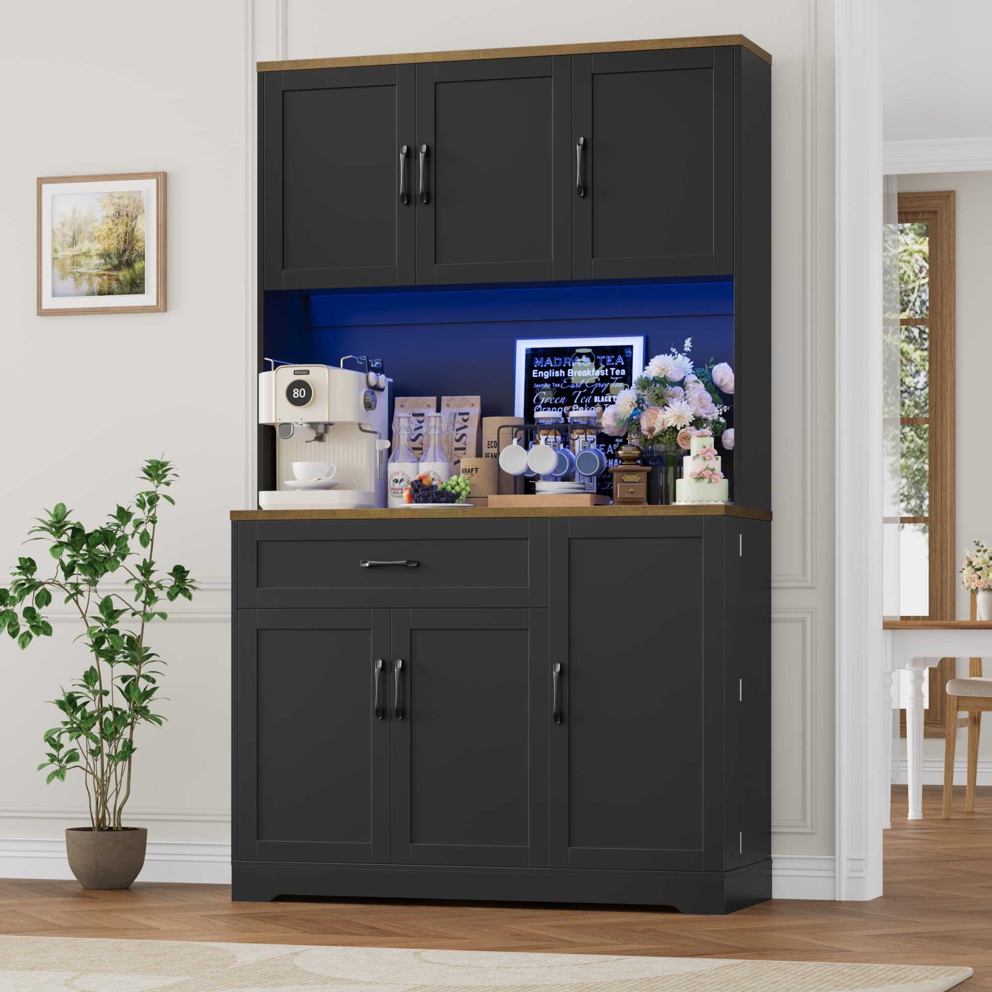 FirFurd Buffet 180cm Meuble Cuisine Rangement avec LED/Multiprises Noir | 180.5x100x38.6cm, Vaisselier meuble de cuisine avec étagère à épices et réglables, grand tiroir, Pour salle à manger, salon