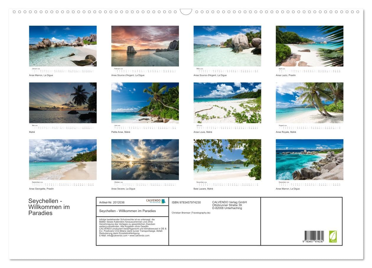 Seychellen - Willkommen im Paradies (Wandkalender 2026 DIN A2 quer), CALVENDO Monatskalender: Dieser Kalender nimmt Sie mit auf eine Reise in das Paradies (CALVENDO Orte)