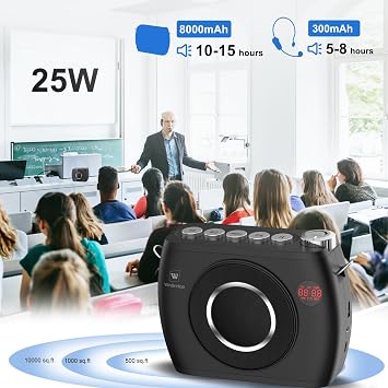 25W Wireless Voice Amplifier with Two Bluetooth Headset Microphones | , High Capacity 8000mAh|Record, Portable Pa System Bluetooth Speaker and Microphone, Megaphone with Mic for Teachers