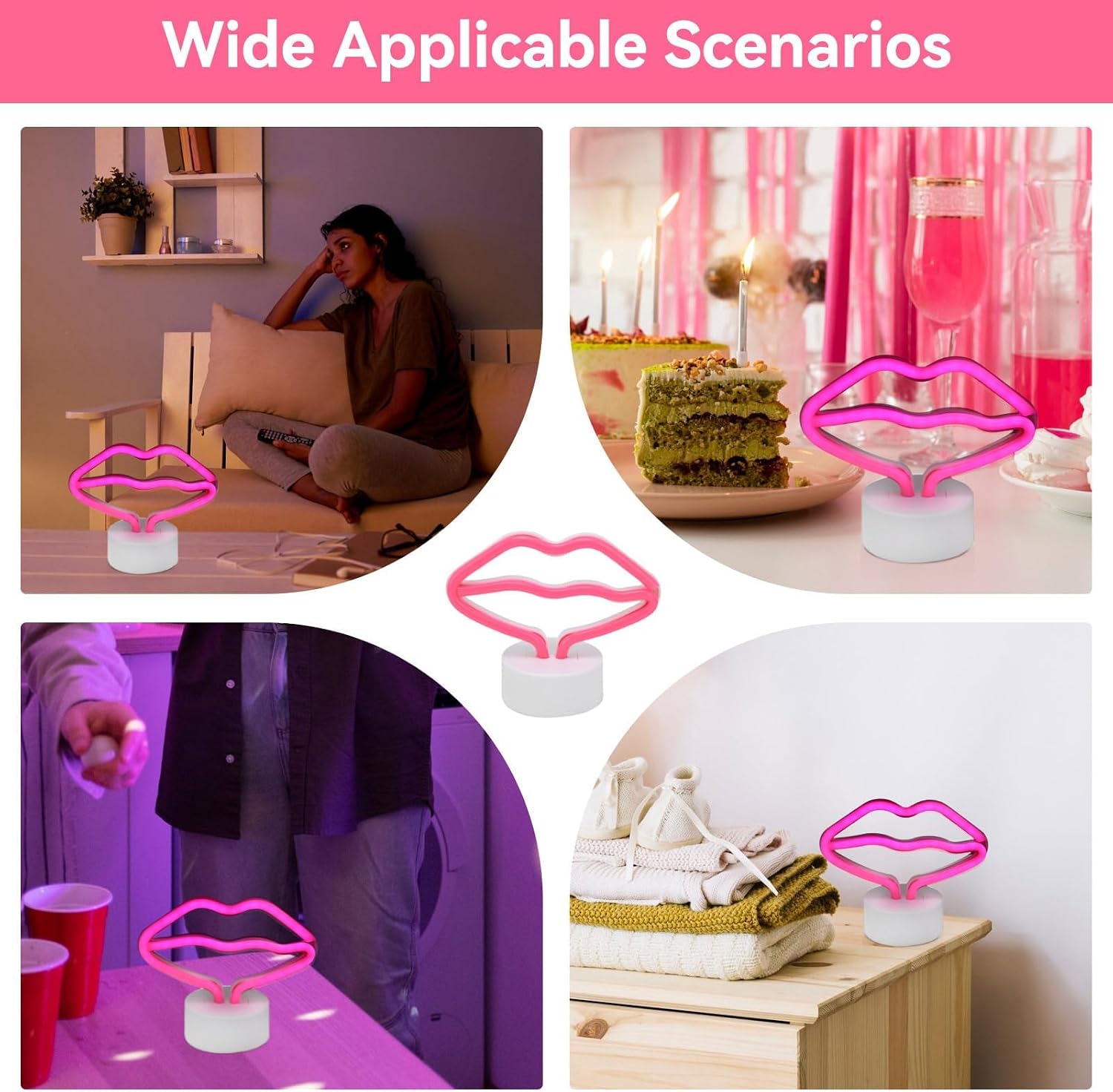 Lip Shaped LED Neon Sign USB Powered, Pink Neon Night Light Lamp for Club Home Party Decor, with Stand, Battery or USB, 3.3ft Cable, 5.5in Tall image 4