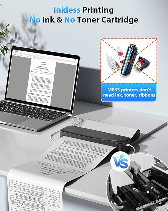 Memoking Portable Printers Wireless for Travel, Inkless Thermal Printer 8.5 x 11 Letter Paper for Phone & Laptop, 304DPI HD Quick Print Mobile Bluetooth Small Printers for Home Office or School