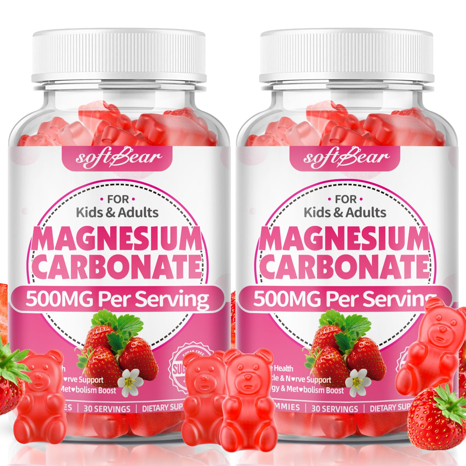 softbear Magnesium Carbonate Gummies 500mg, Sugar-Free Magnesium Supplement Gummies for Adults & Kids Support Bone & Muscle & Digestive Health, Strawberry Flavor 120 Count Strawberry 60 Count (Pack of 2)