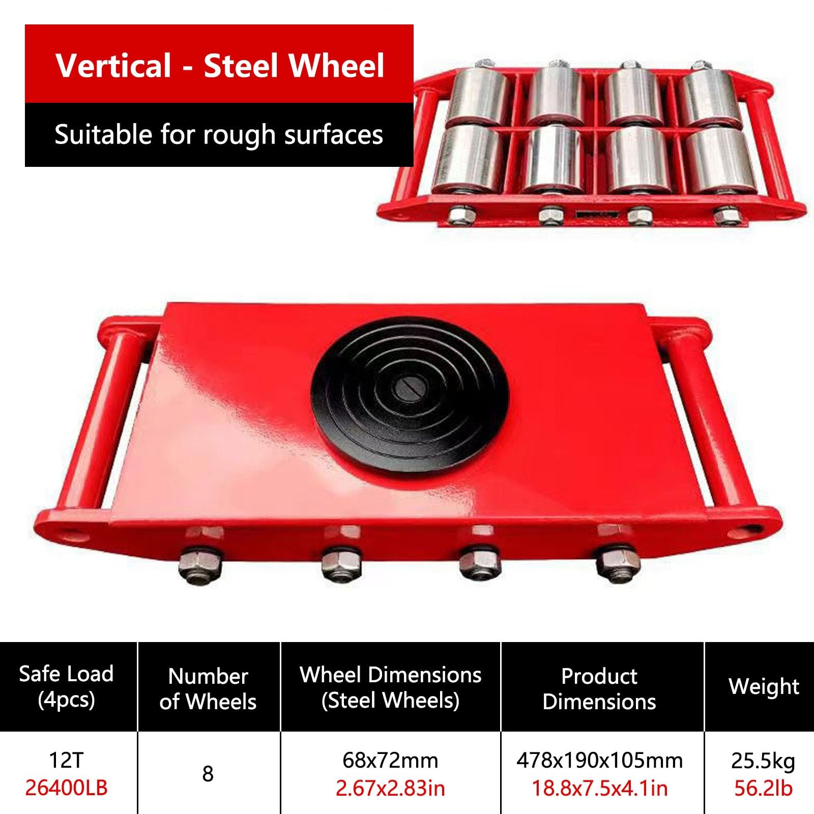 Pattini di Spostamento Verticali per Attrezzature Pesanti da 6T/8T/12T | Cuscinetto Antiscivolo a 360°, Dispositivo di Spostamento Carichi Industriali(12T/26400LB)